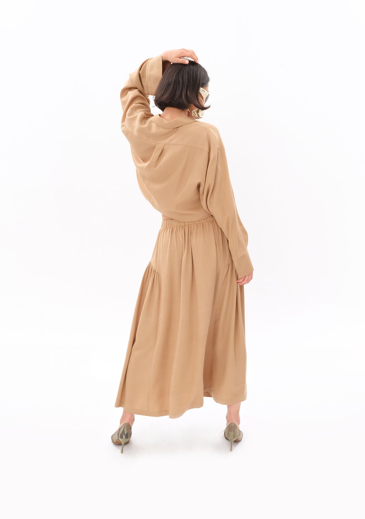 Bej Tencel™ Beli Lastikli Maxi Etek