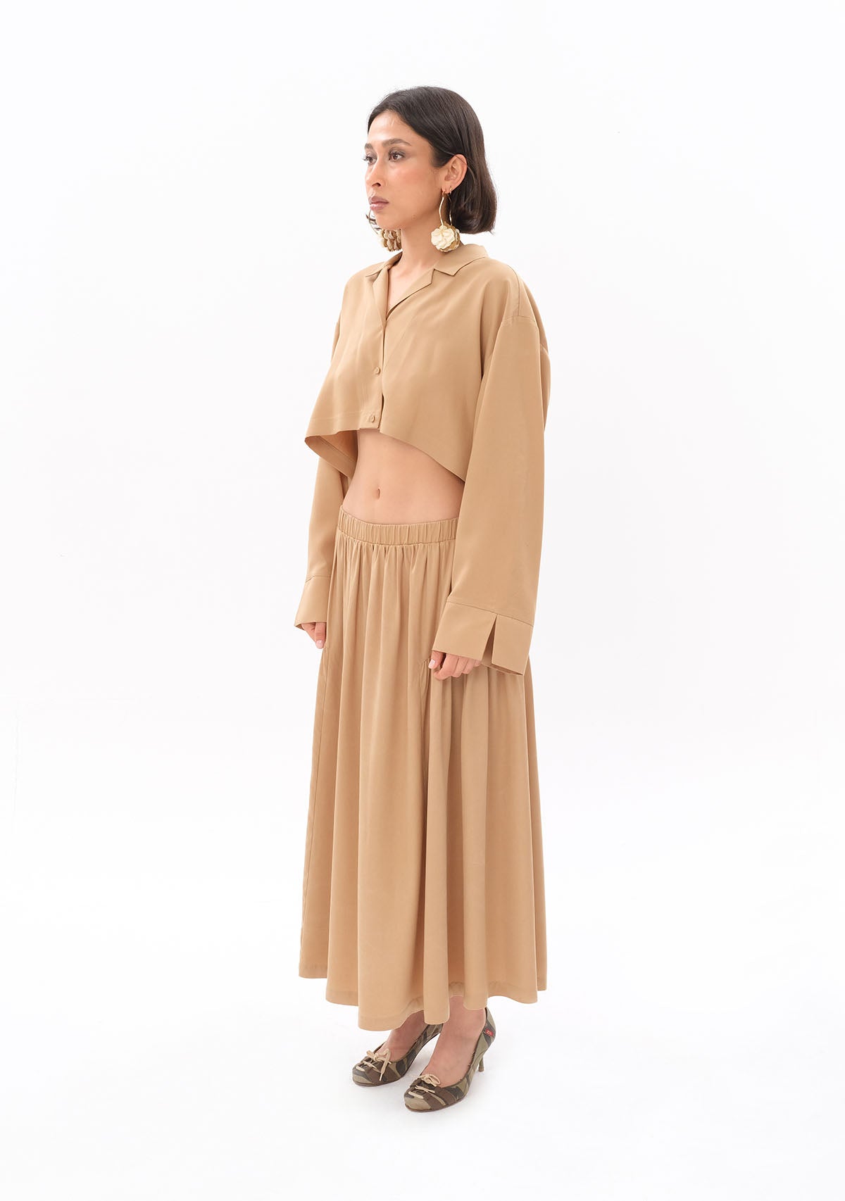 Bej Tencel™ Oversize Crop Gömlek