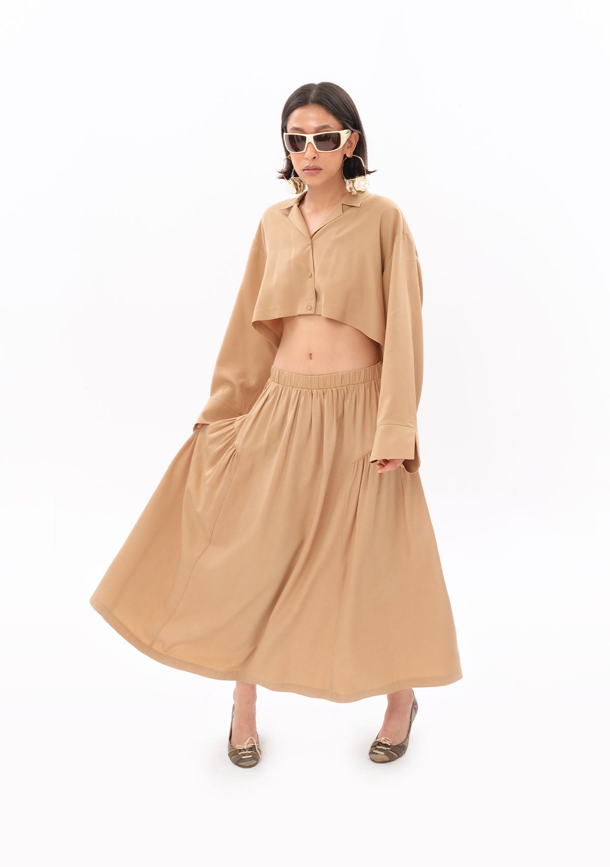 Bej Tencel™ Beli Lastikli Maxi Etek