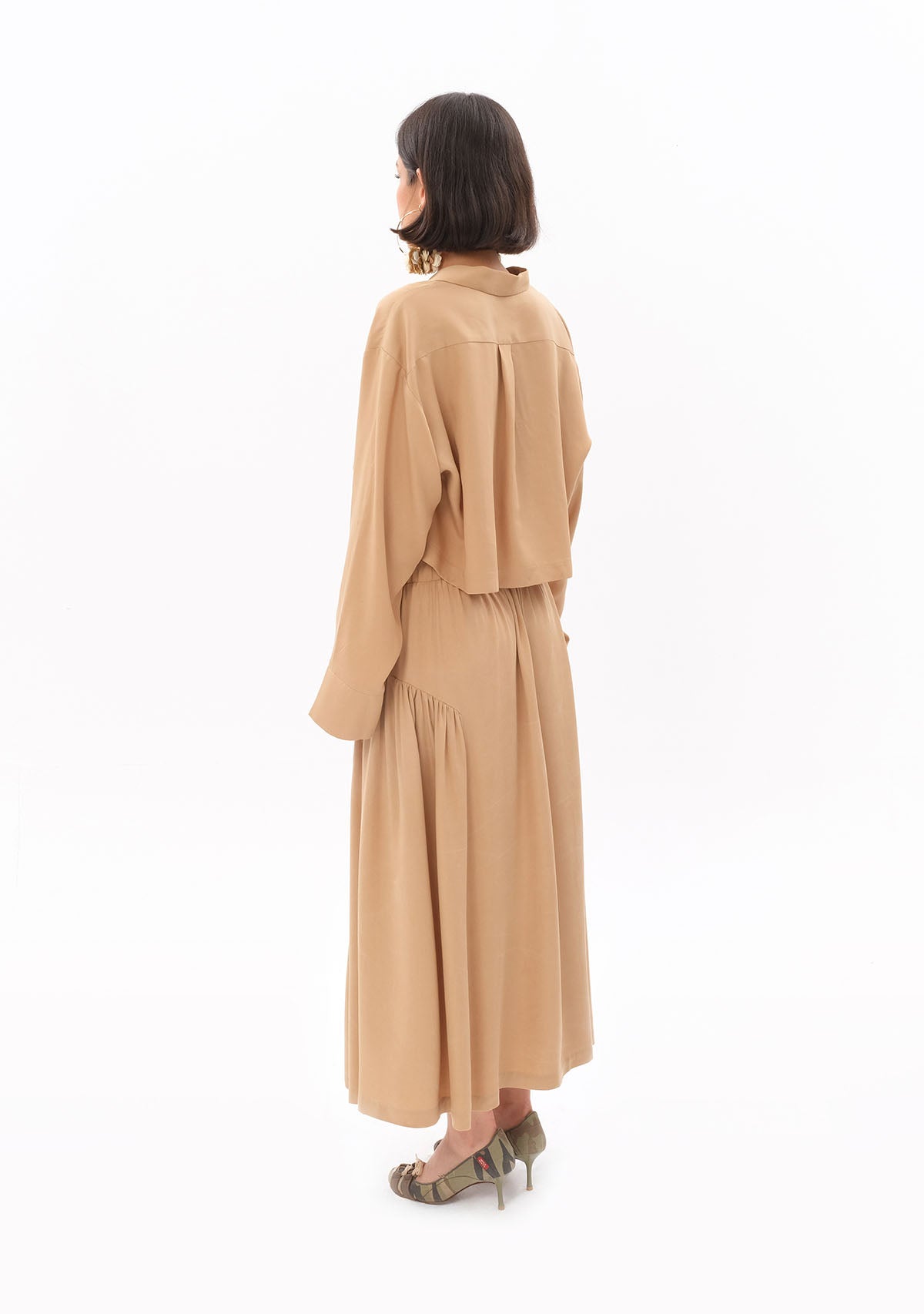Bej Tencel™ Oversize Crop Gömlek