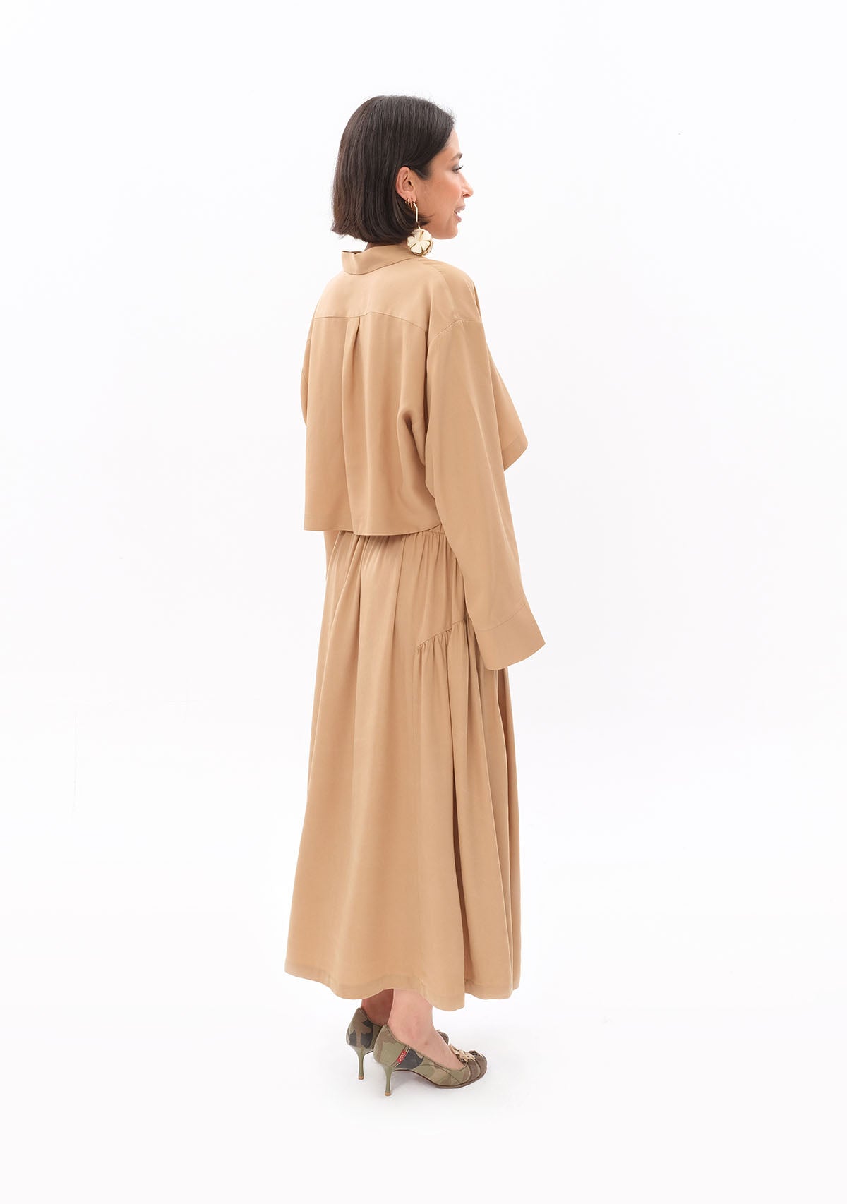 Bej Tencel™ Oversize Crop Gömlek