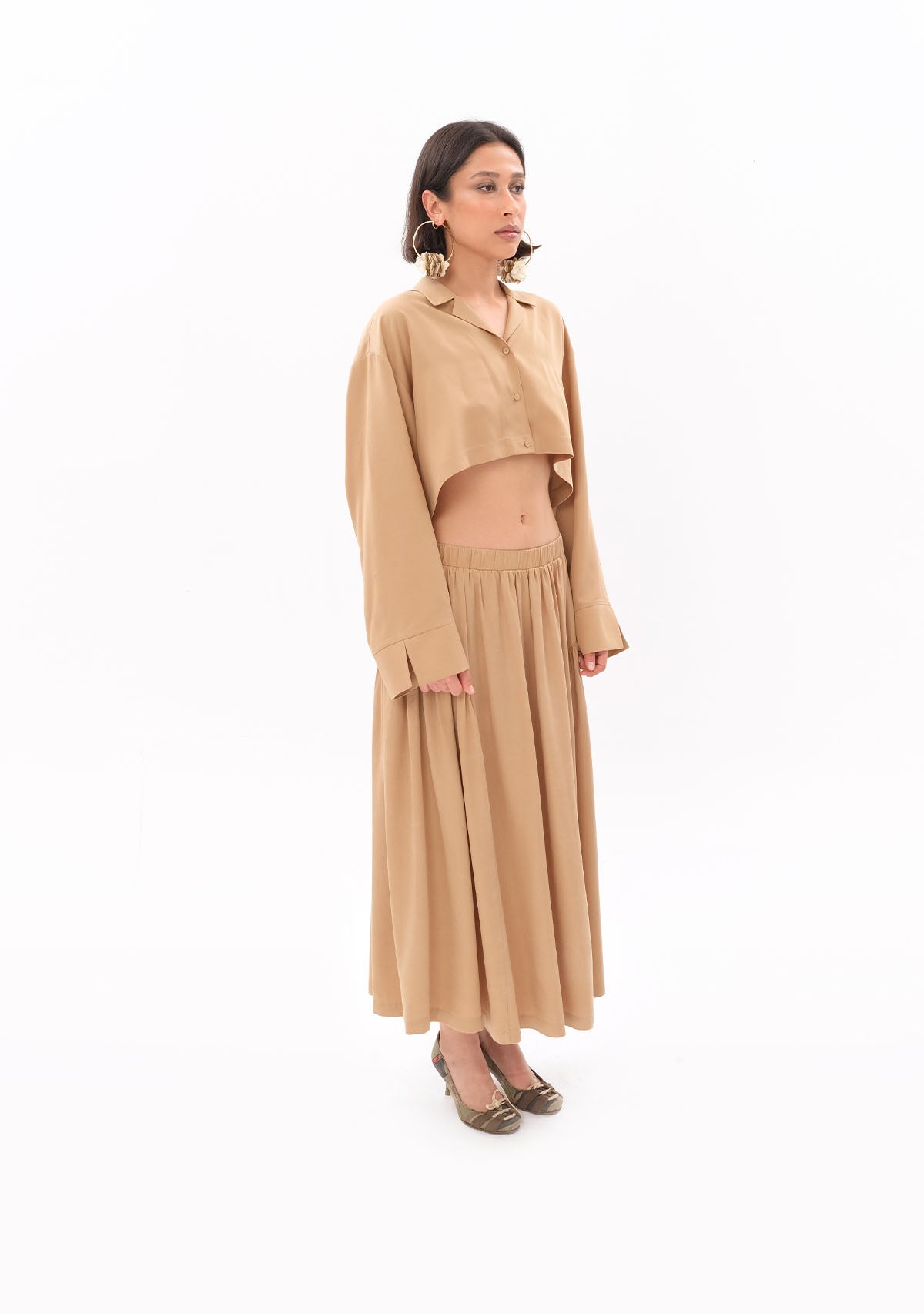 Bej Tencel™ Oversize Crop Gömlek