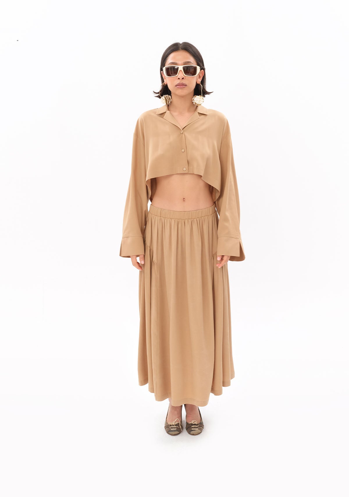 Bej Tencel™ Oversize Crop Gömlek
