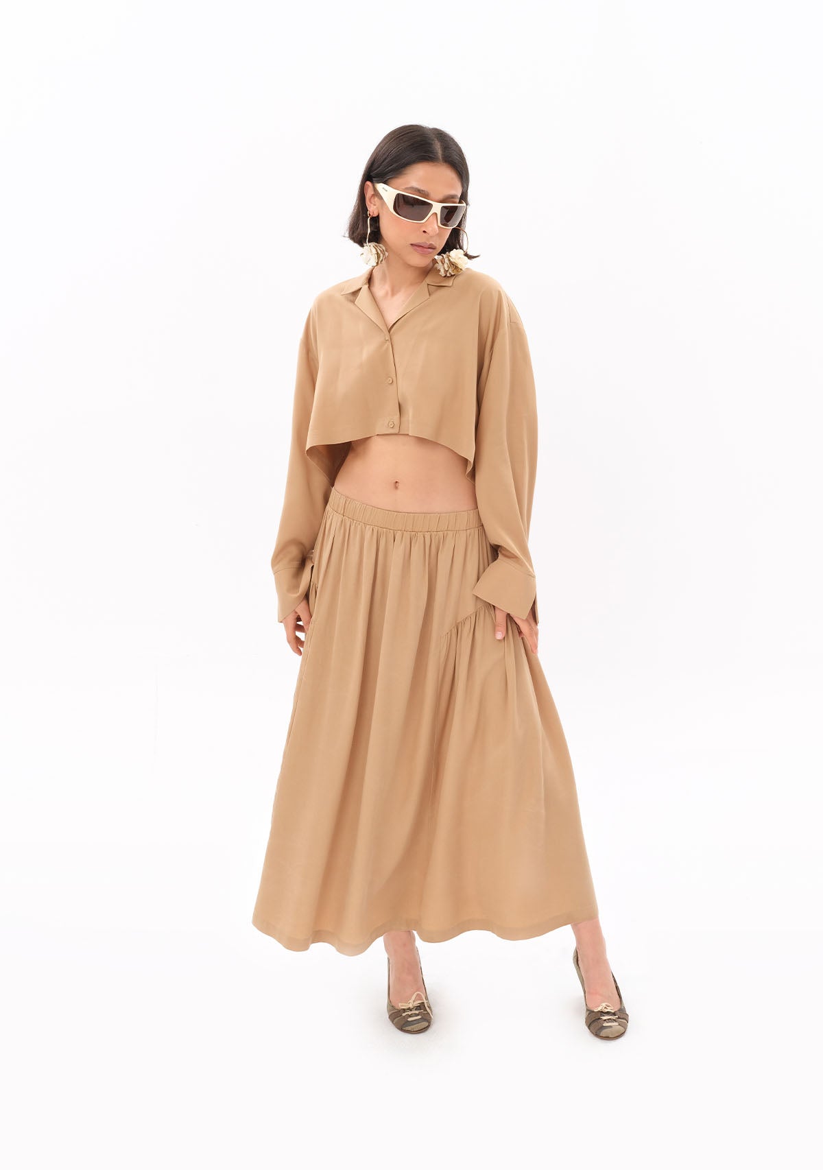 Bej Tencel™ Beli Lastikli Maxi Etek