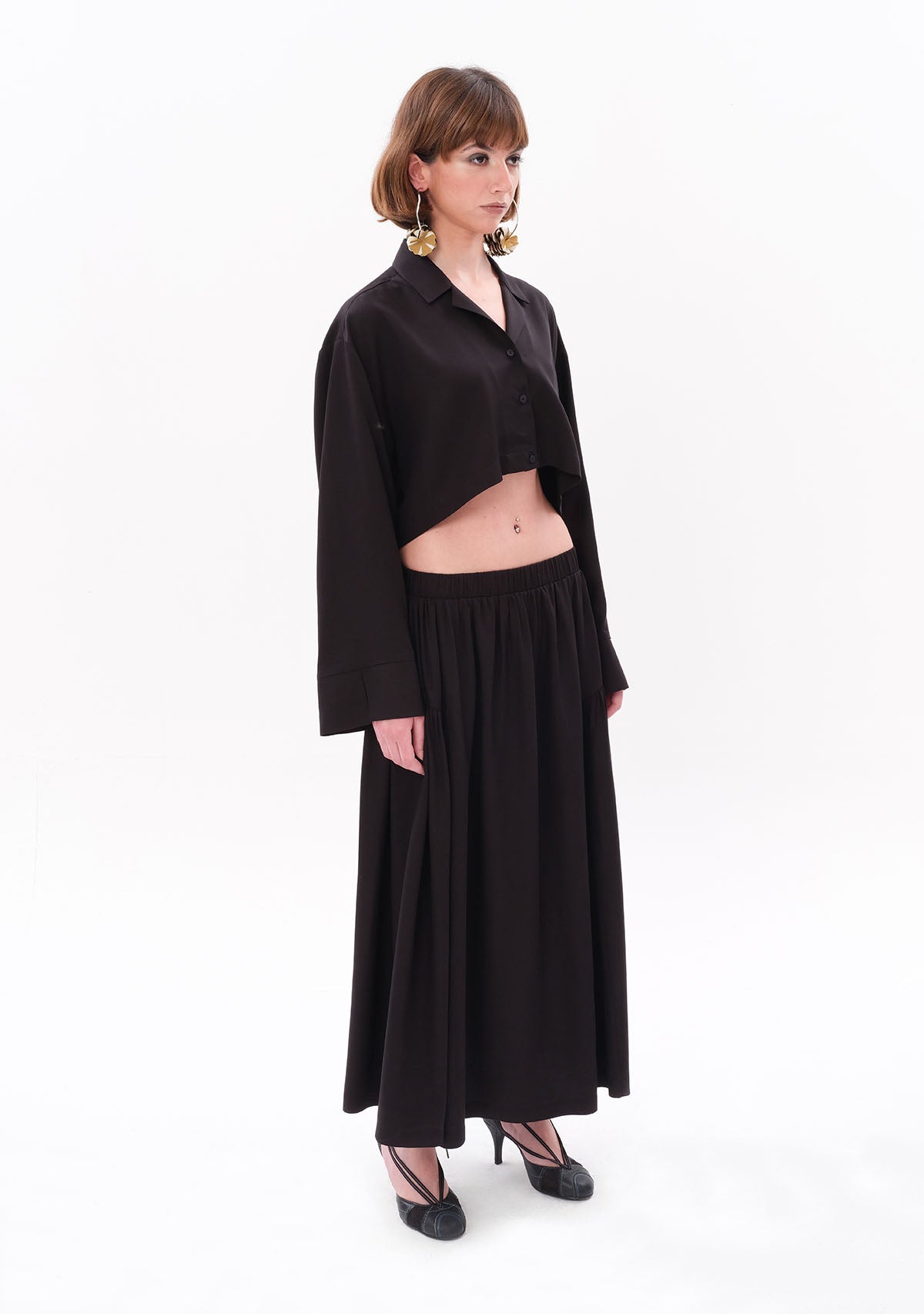 Siyah Tencel™ Oversize Crop Gömlek