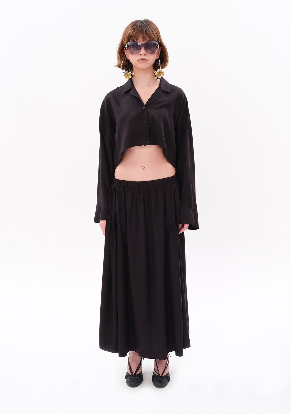 Siyah Tencel™ Oversize Crop Gömlek