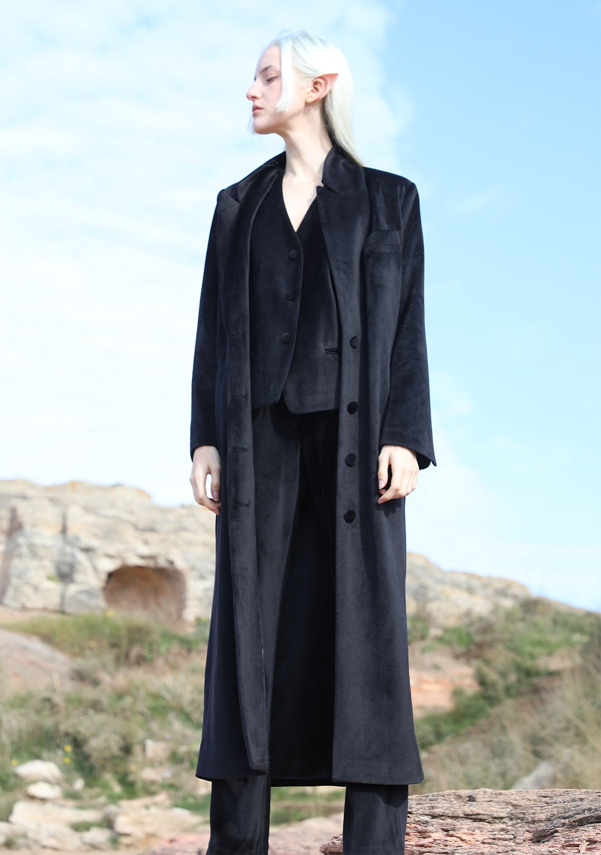 Siyah Kadife Uzun Ceket