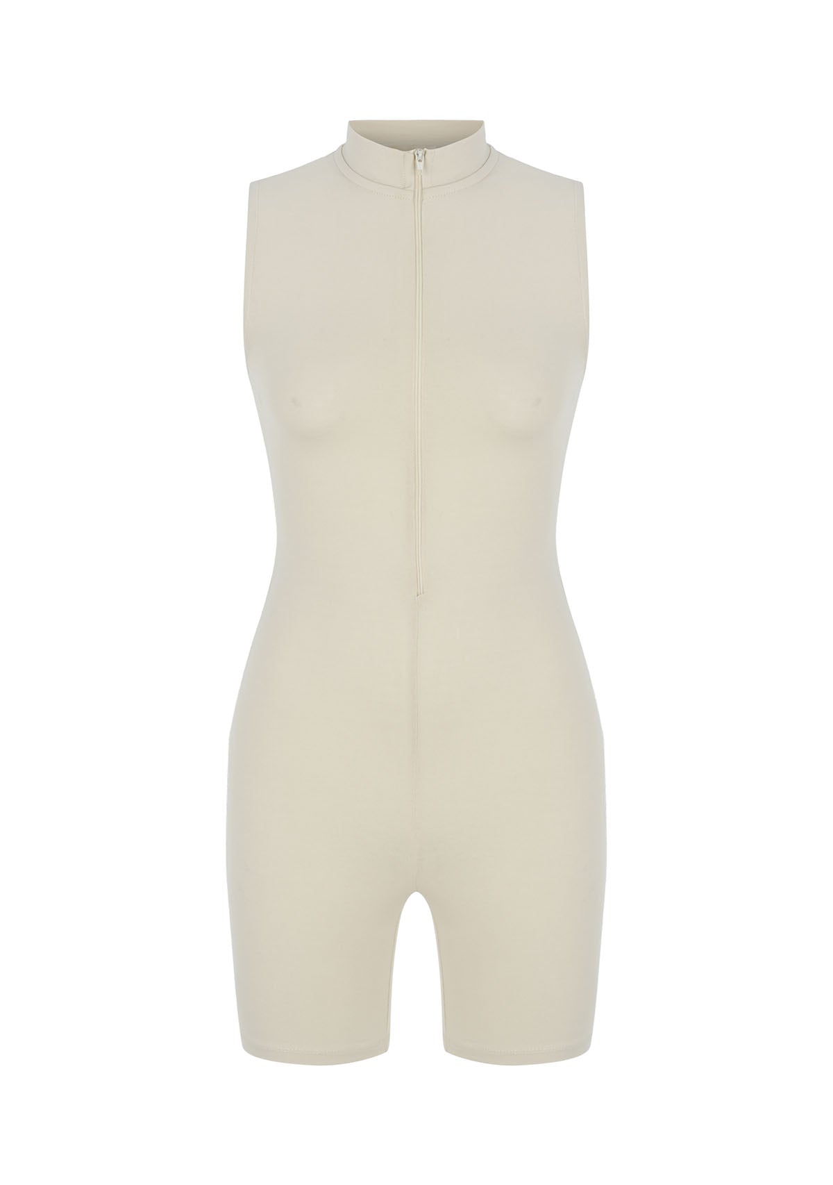 Krem Önden Fermuarlı Şort Bodysuit