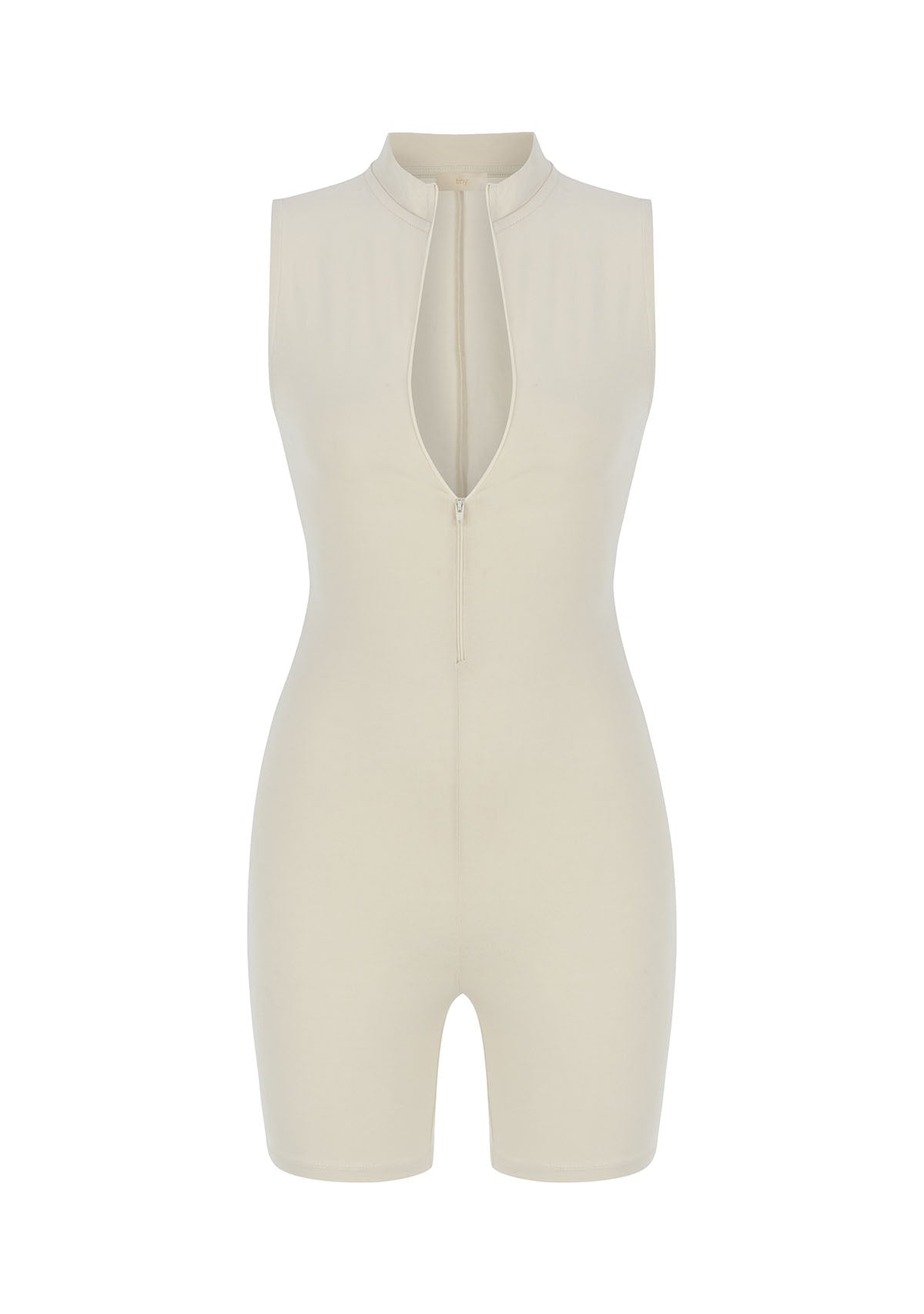 Krem Önden Fermuarlı Şort Bodysuit