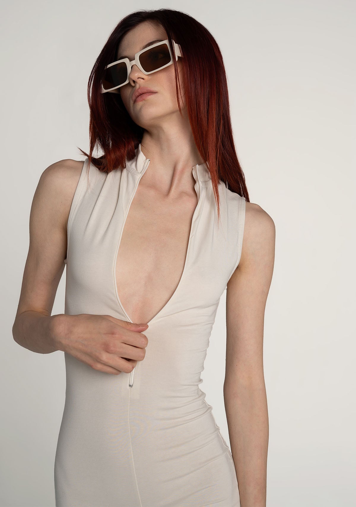Krem Önden Fermuarlı Şort Bodysuit