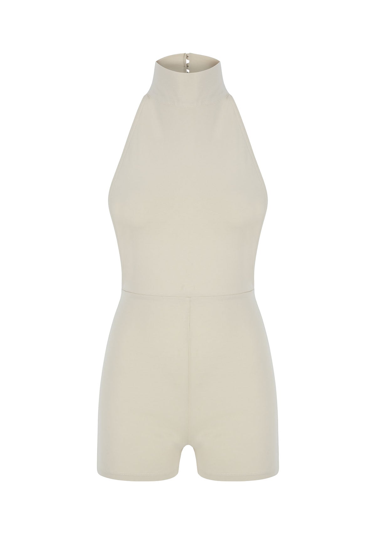 Krem Boğazlı Sırt Dekolteli Şort Bodysuit
