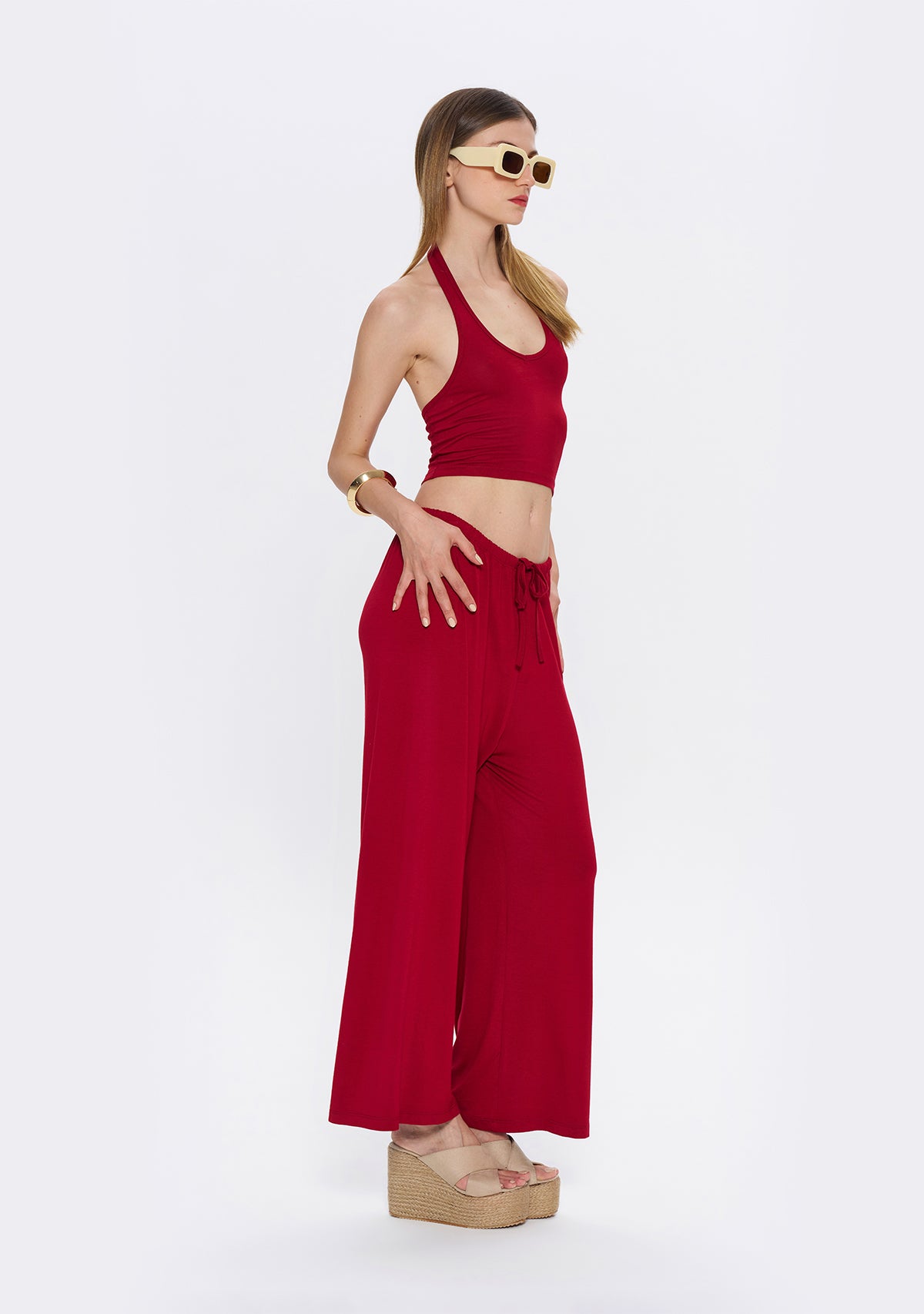 Halter Yaka Bordo Yumuşak Bluz
