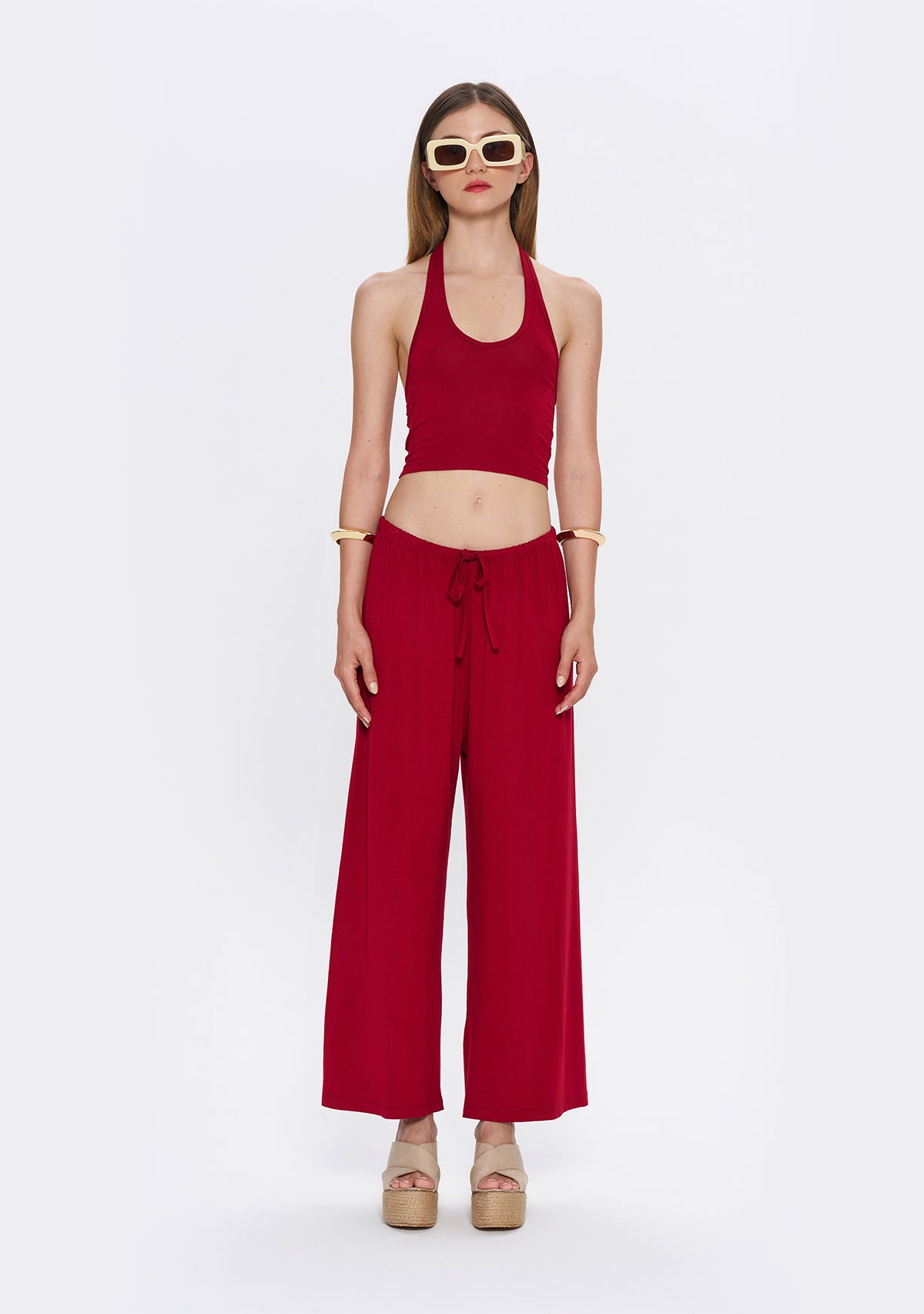 Halter Yaka Bordo Yumuşak Bluz