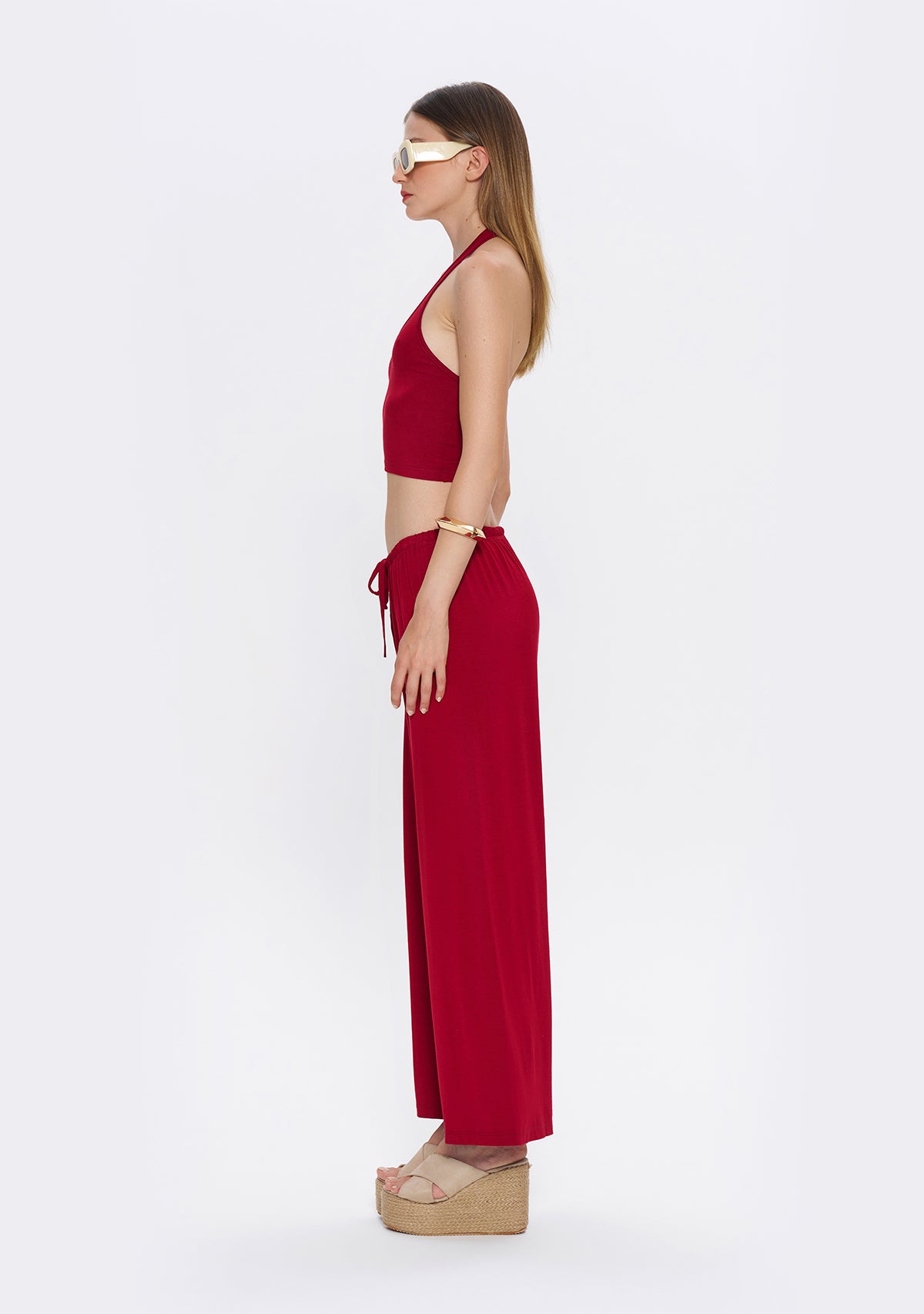 Halter Yaka Bordo Yumuşak Bluz