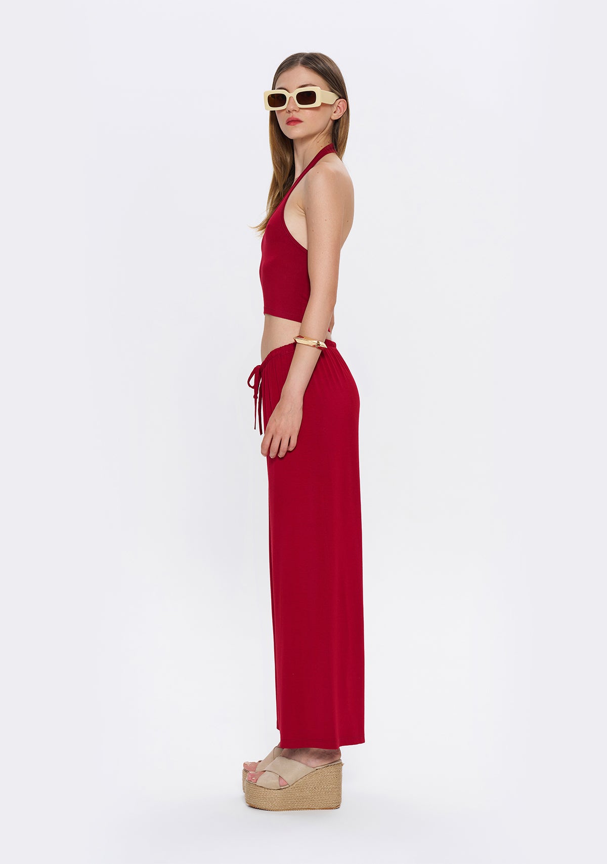 Halter Yaka Bordo Yumuşak Bluz
