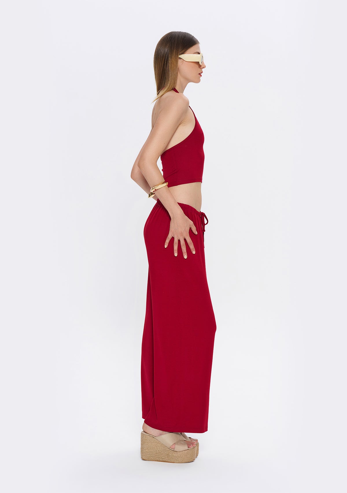 Halter Yaka Bordo Yumuşak Bluz