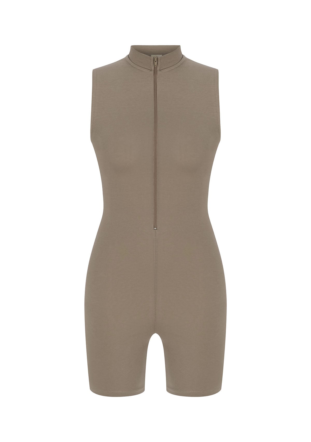 Açık Kahverengi Önden Fermuarlı Şort Bodysuit