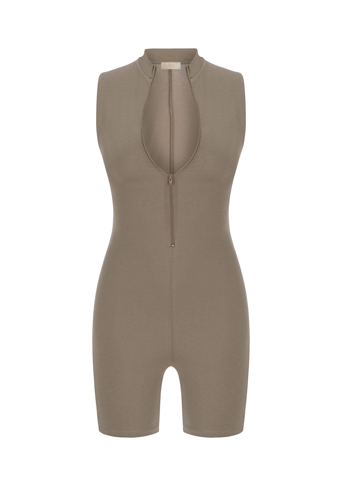 Açık Kahverengi Önden Fermuarlı Şort Bodysuit
