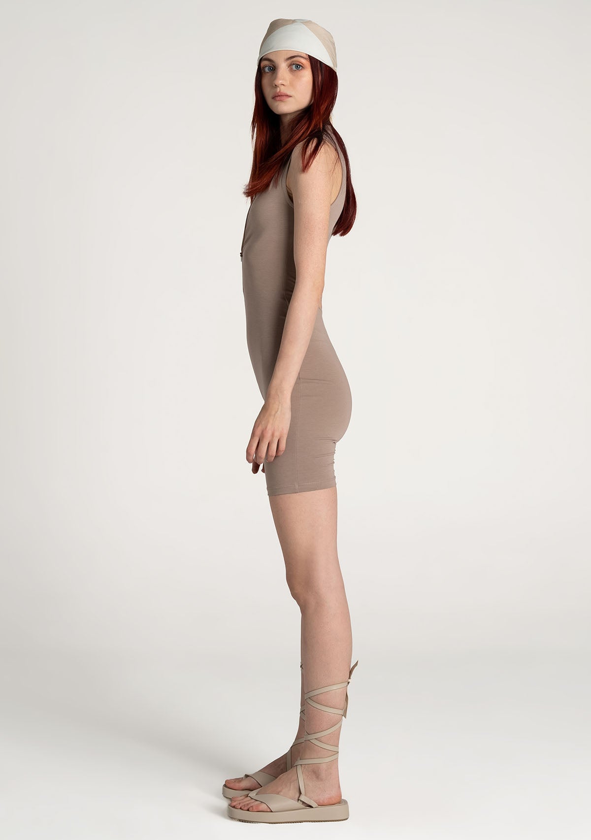 Açık Kahverengi Önden Fermuarlı Şort Bodysuit