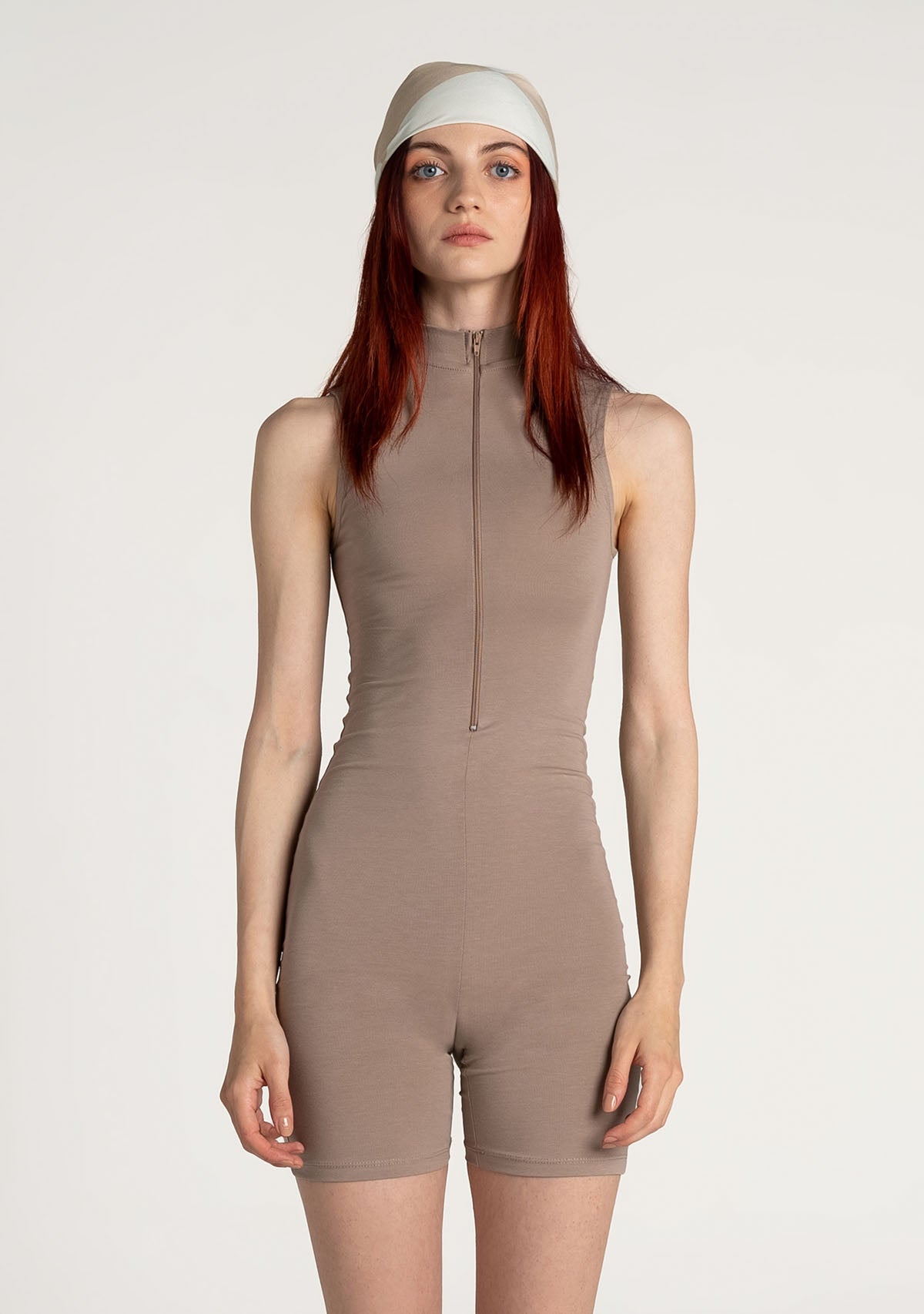 Açık Kahverengi Önden Fermuarlı Şort Bodysuit
