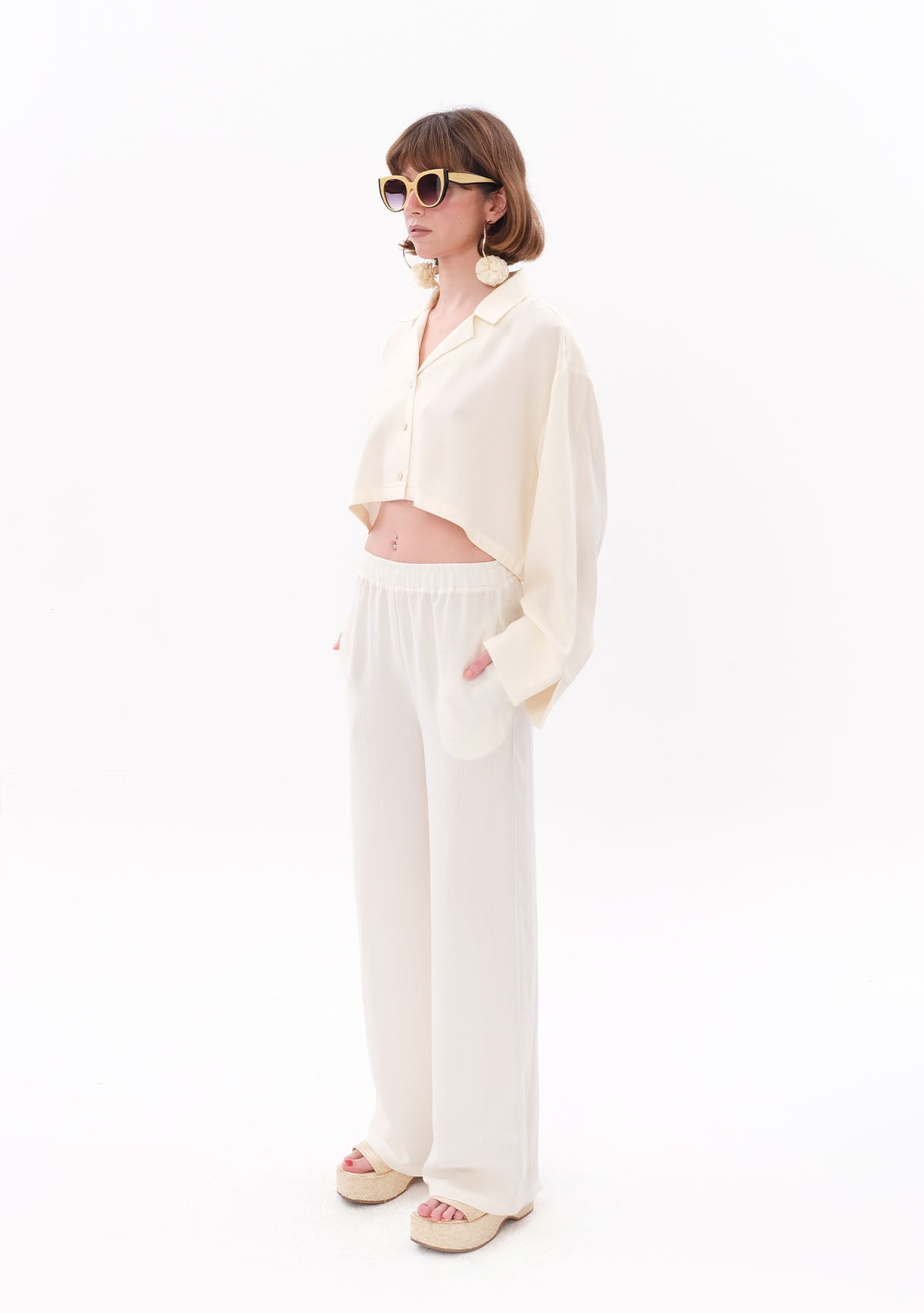 Beyaz Tencel™ Beli Lastikli Pantolon