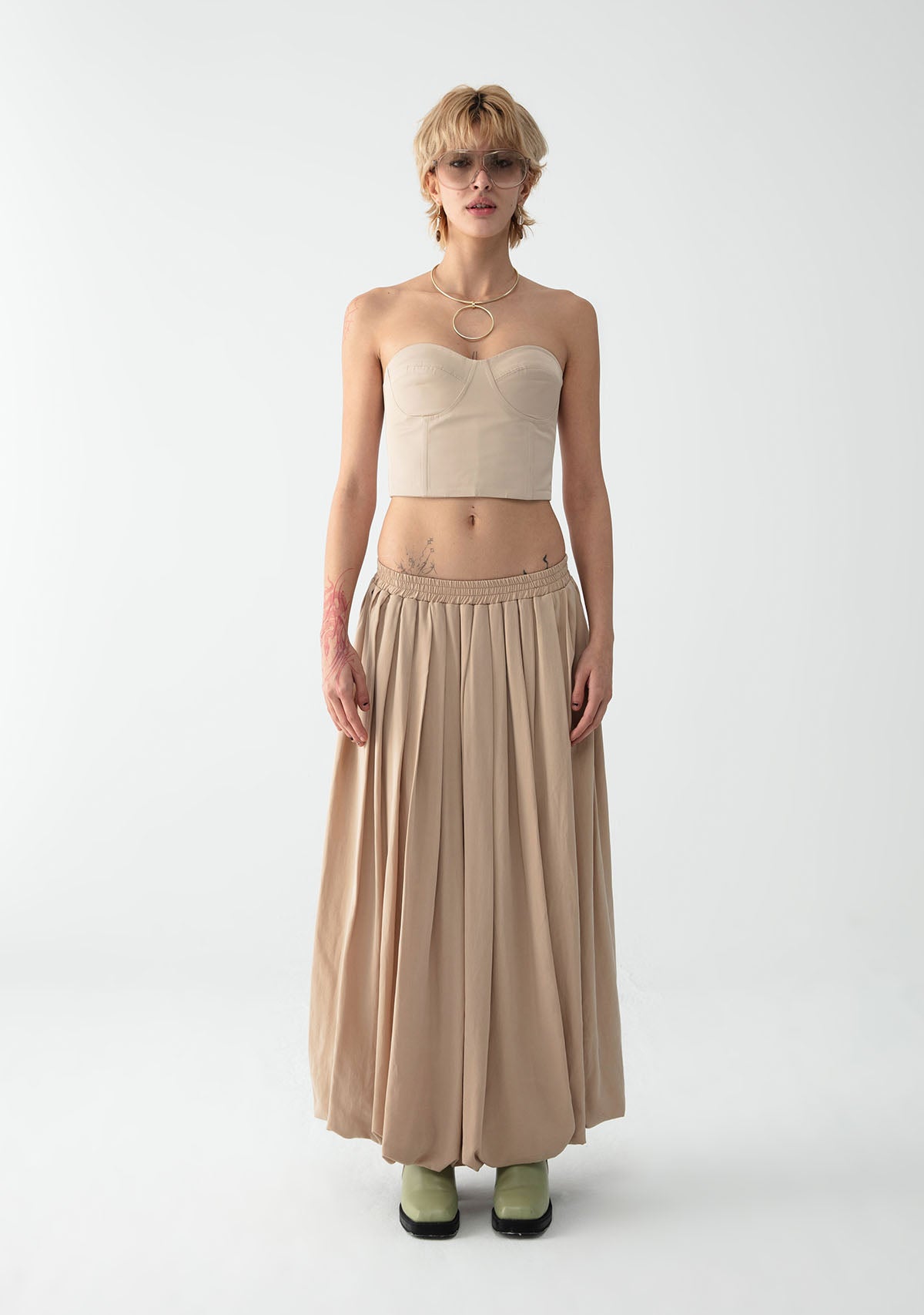  Cream Pleated Long Skirt