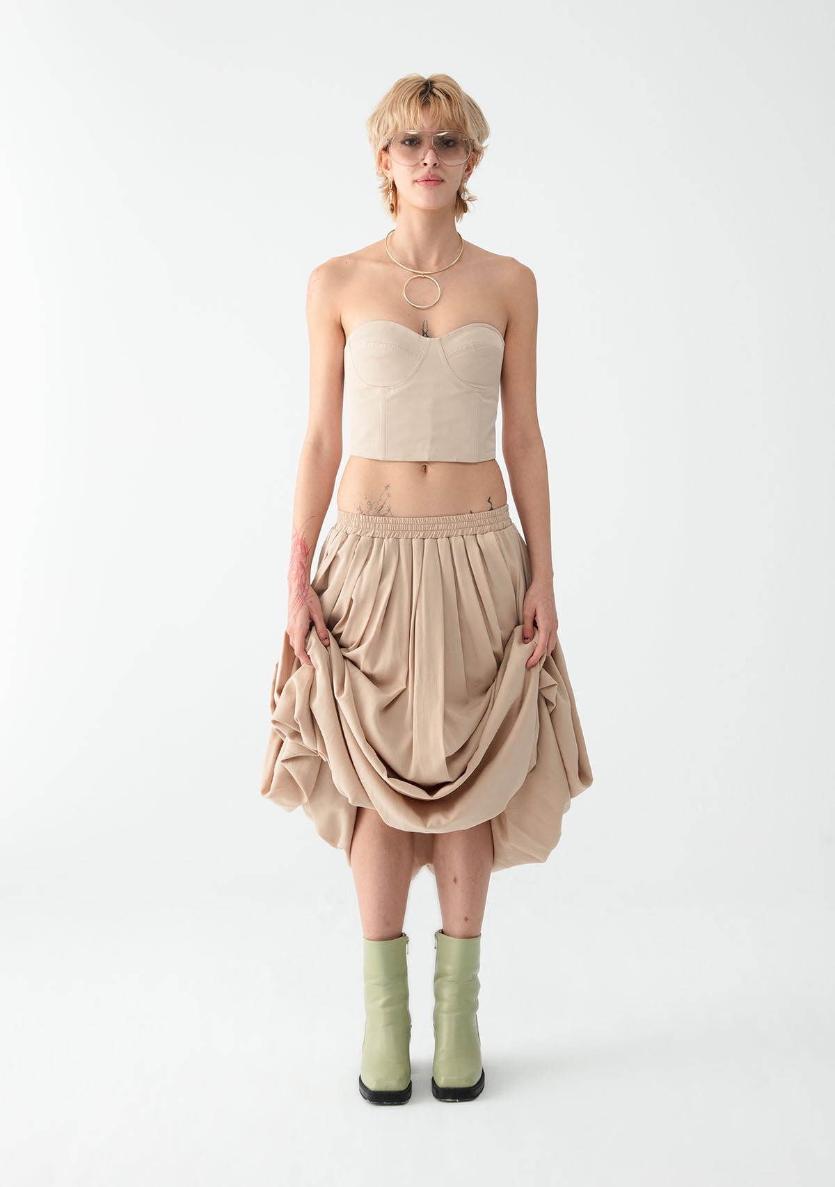  Cream Pleated Long Skirt