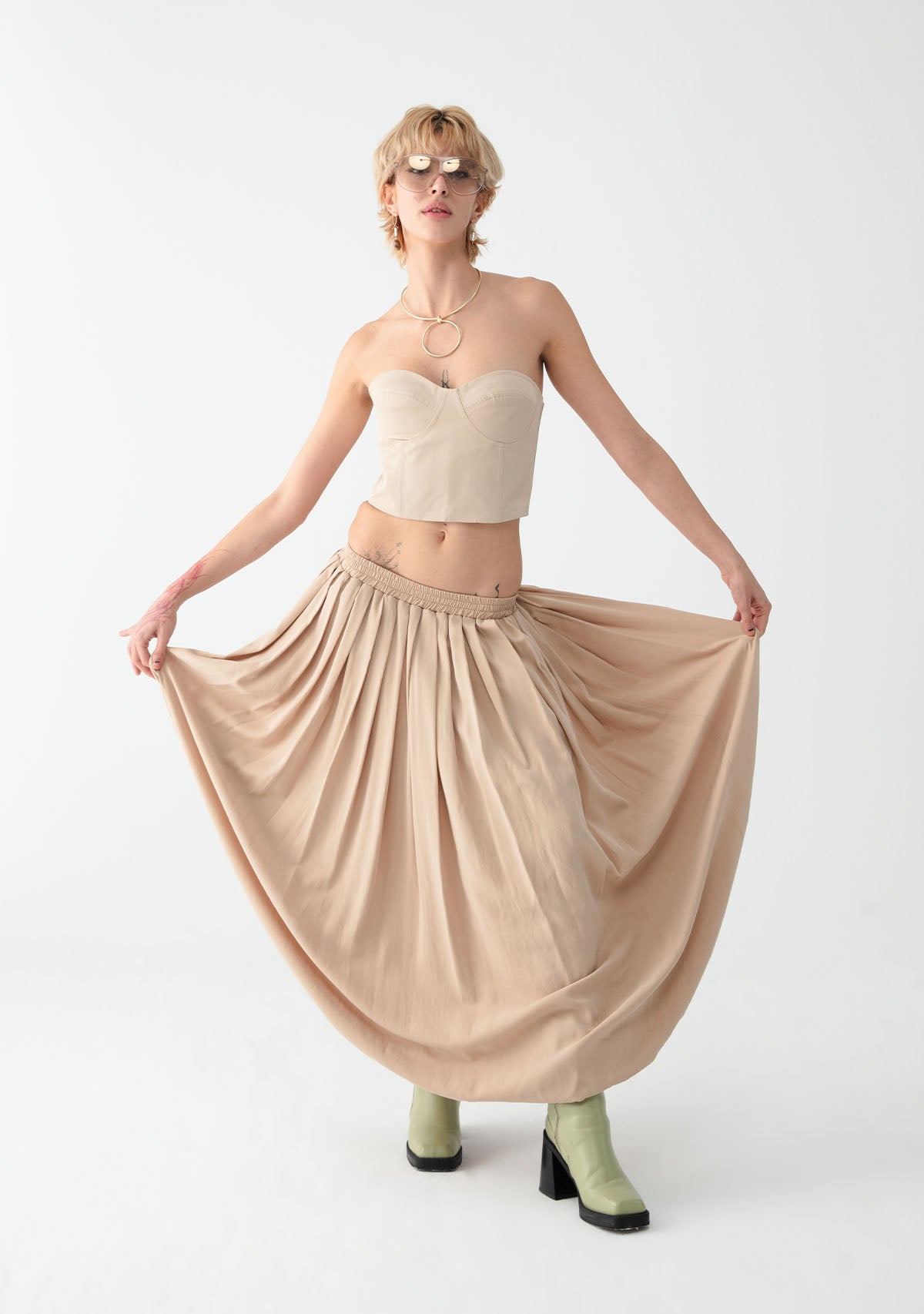  Cream Pleated Long Skirt