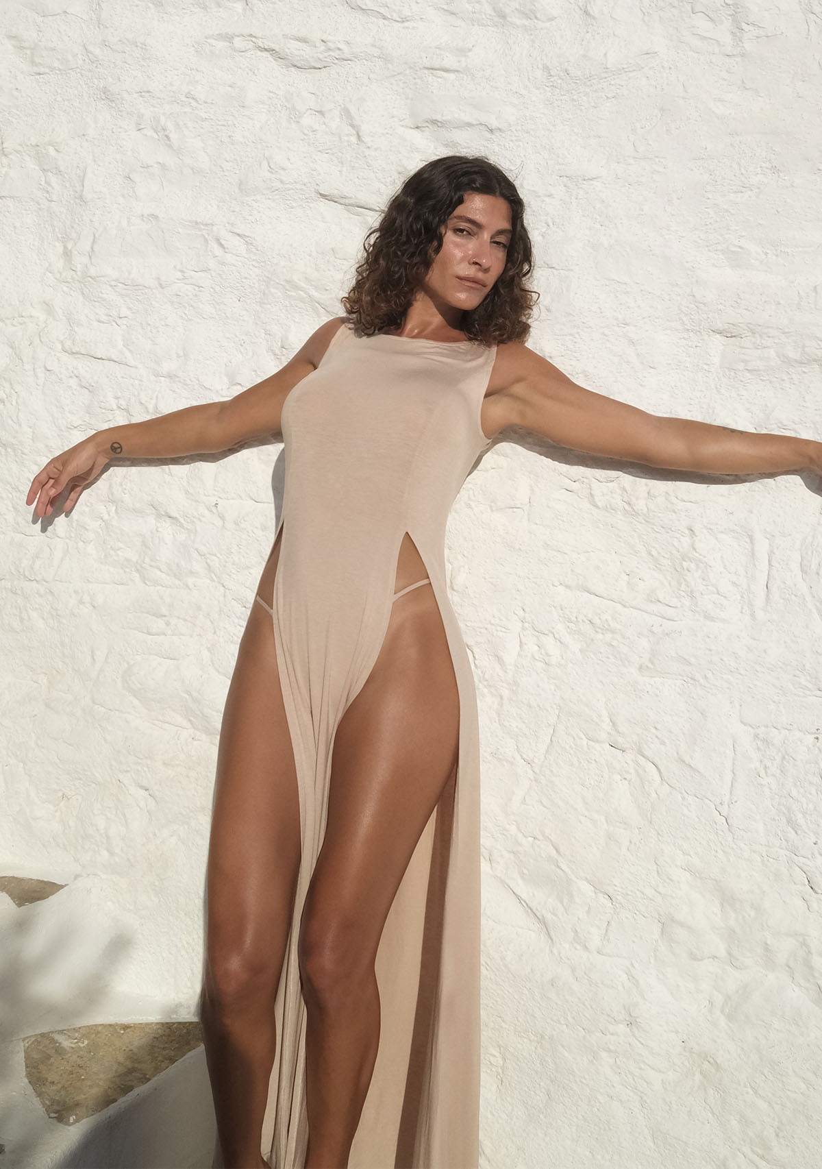 Nude Deep Split Soft Sleeveless Dress