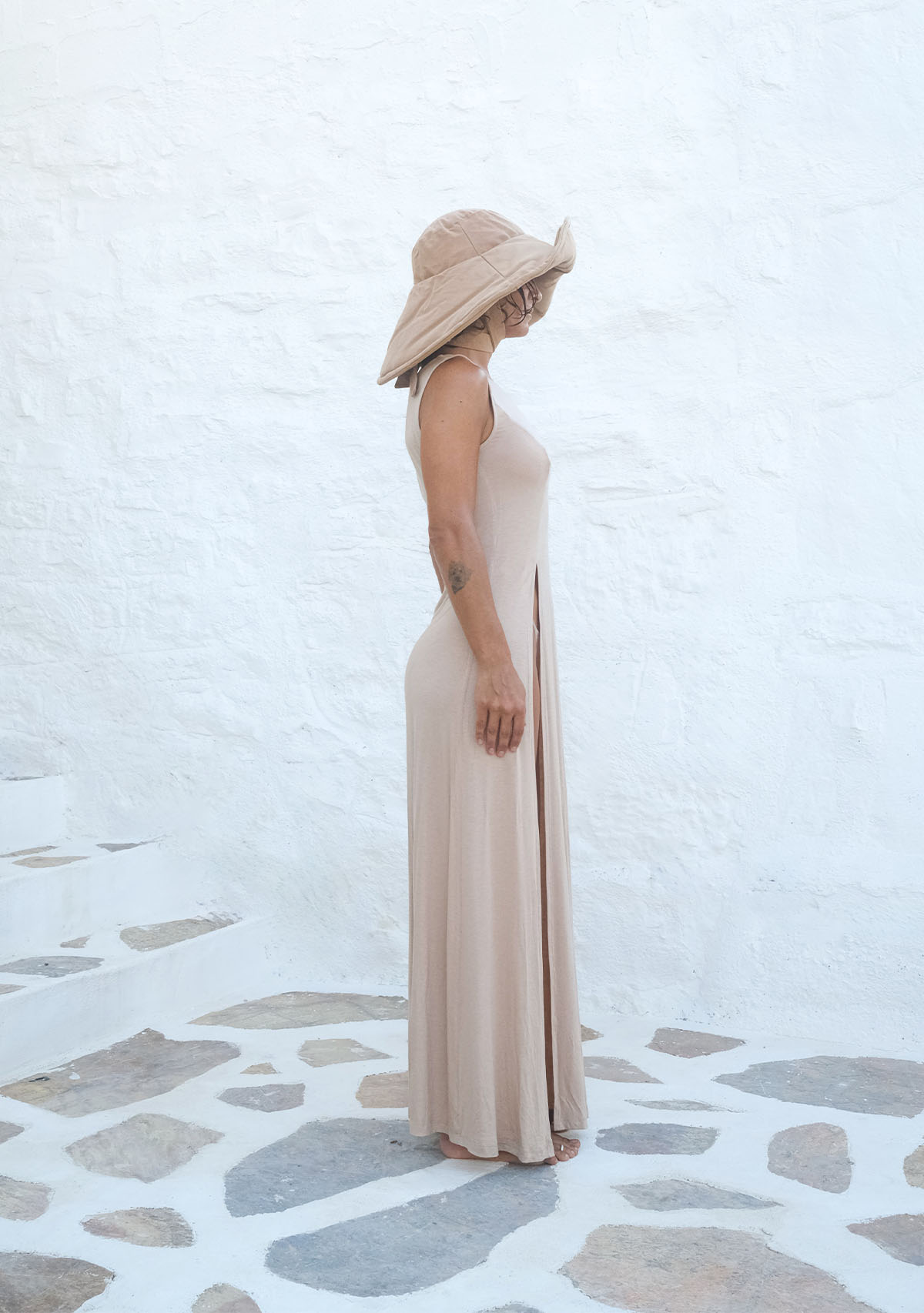 Nude Deep Split Soft Sleeveless Dress