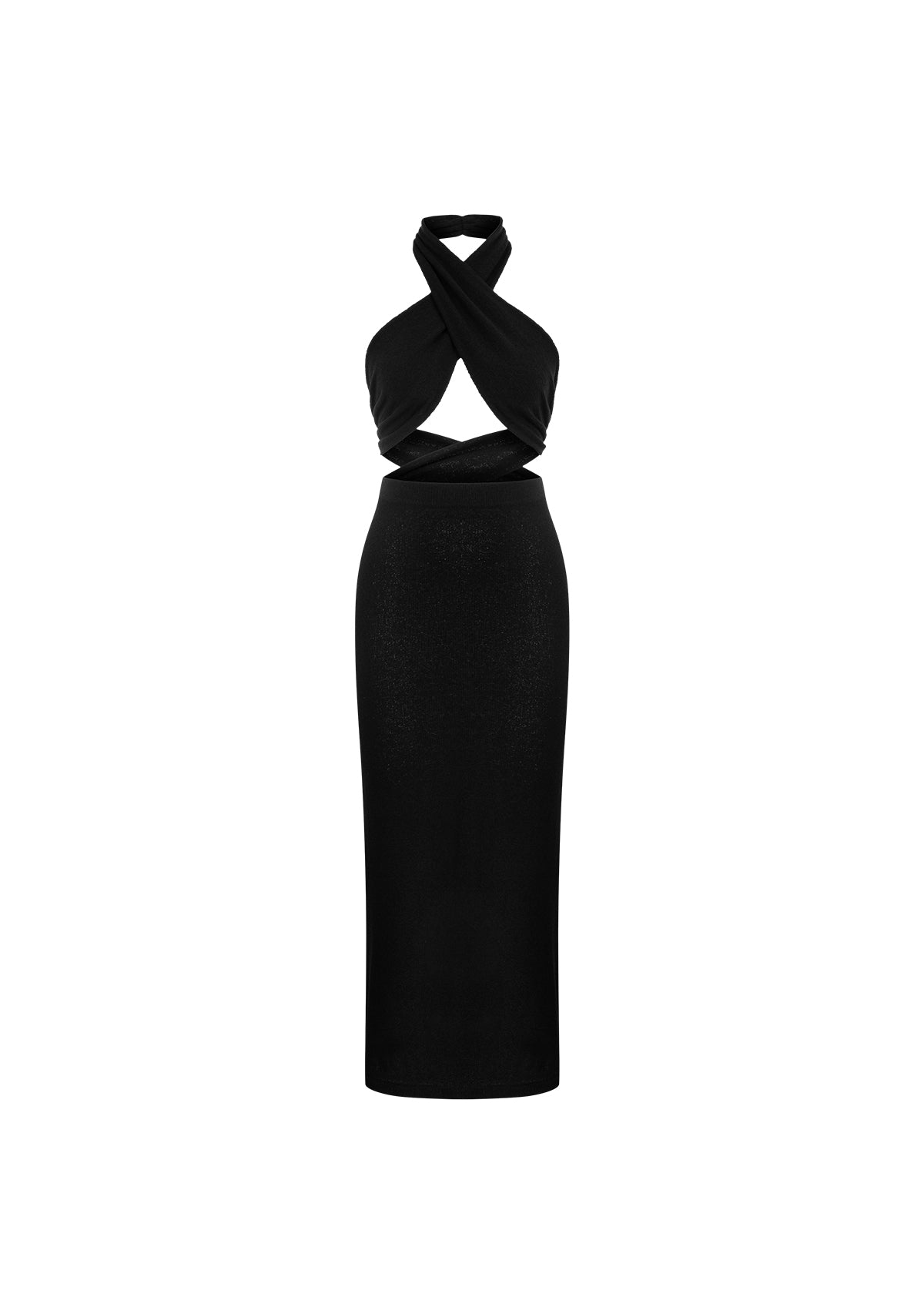 Si Cross-Front Halter Tie-Neck Black Knit Dress