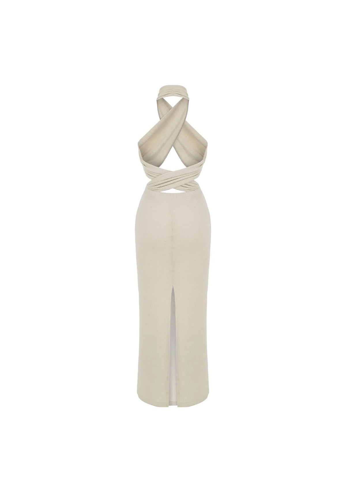 Si Cross-Front Halter Tie-Neck Cream Knit Dress