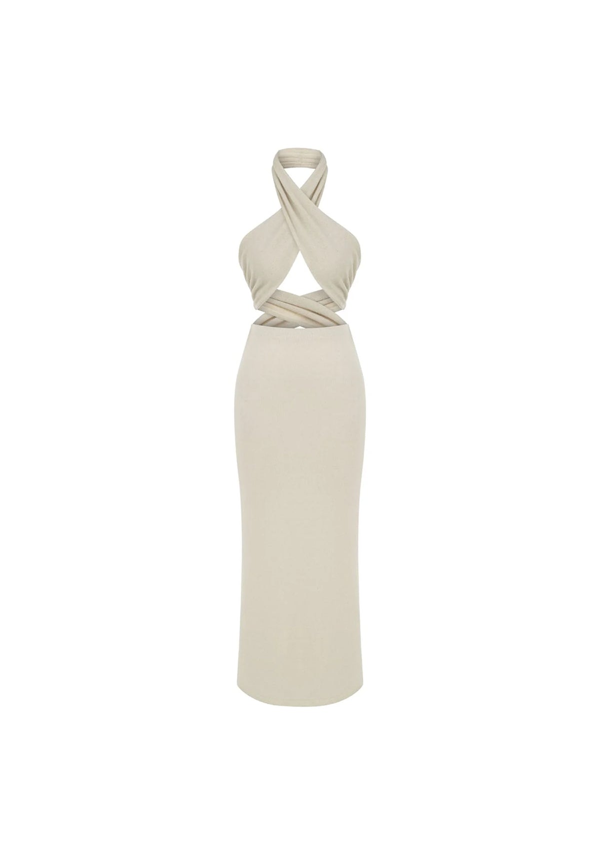 Si Cross-Front Halter Tie-Neck Cream Knit Dress